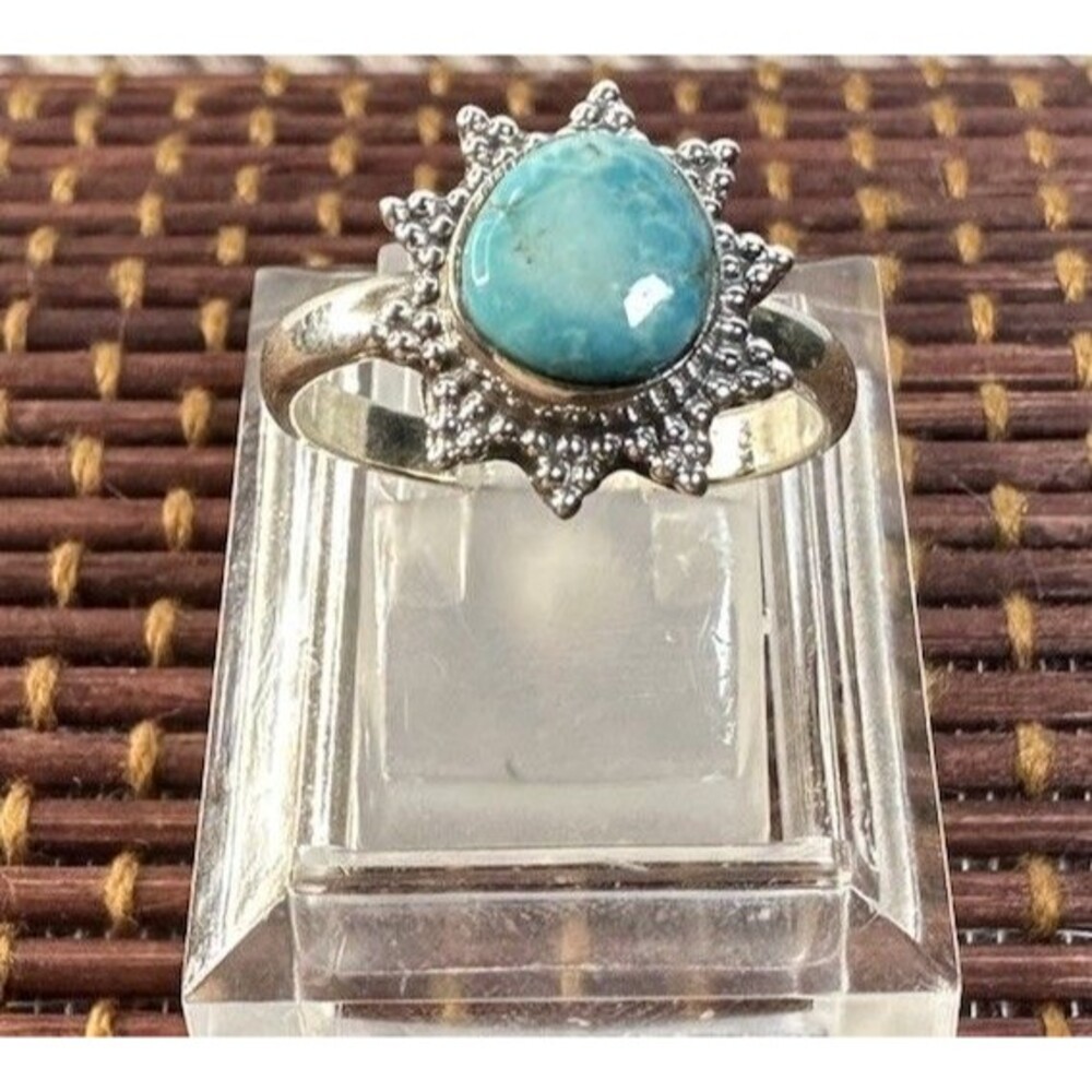 Native Southwest Style Sterling Silver White Water Turquoise Starburst Ring Sz 8